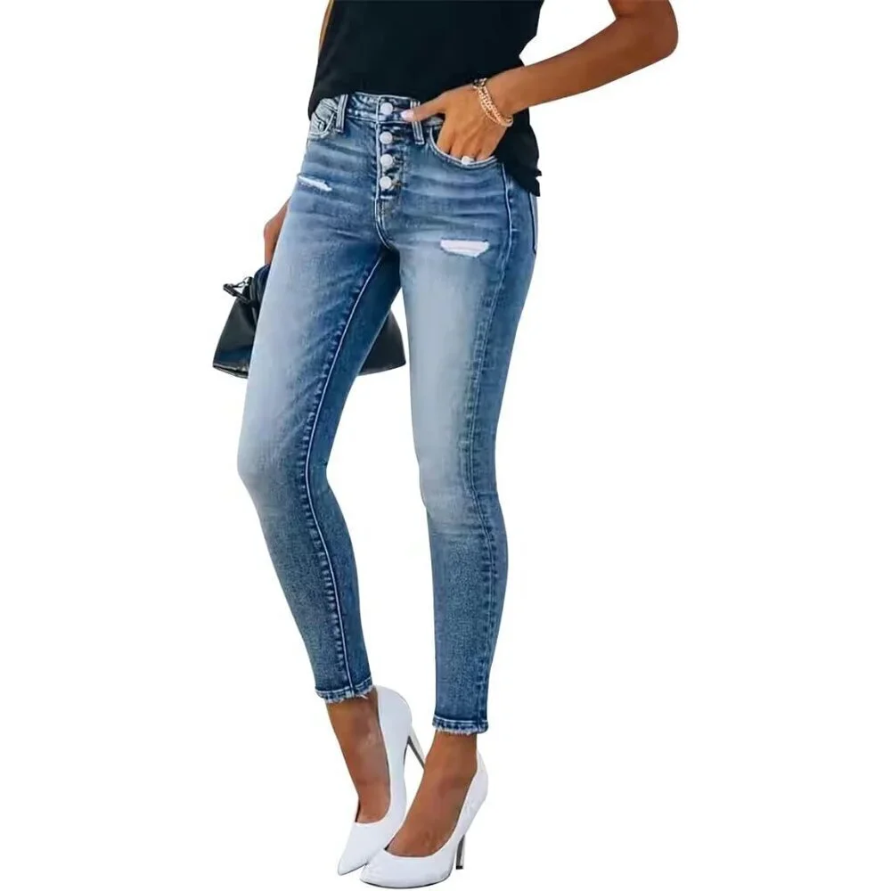 Women's Ripped Skinny Stretch Denim Jeans Frayed Distressed Casual